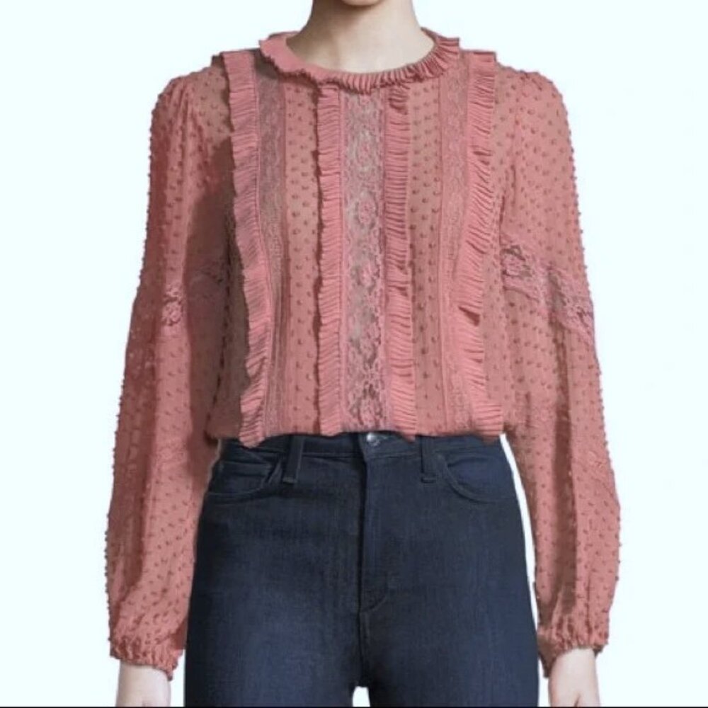 ZIMMERMANN Unbridled Spliced Silk Ruffle Lace Blouse in Rose Size 6 NEW